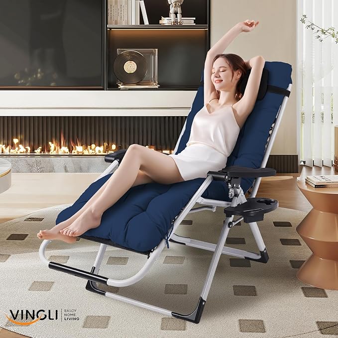 VINGLI Padded Zero Gravity Chair, Lounge Chair with Removable Cushion & Tray， Folding Reclining Patio Chairs， Recliner Chair for Lawn，Indoor and Outdoor-Blue