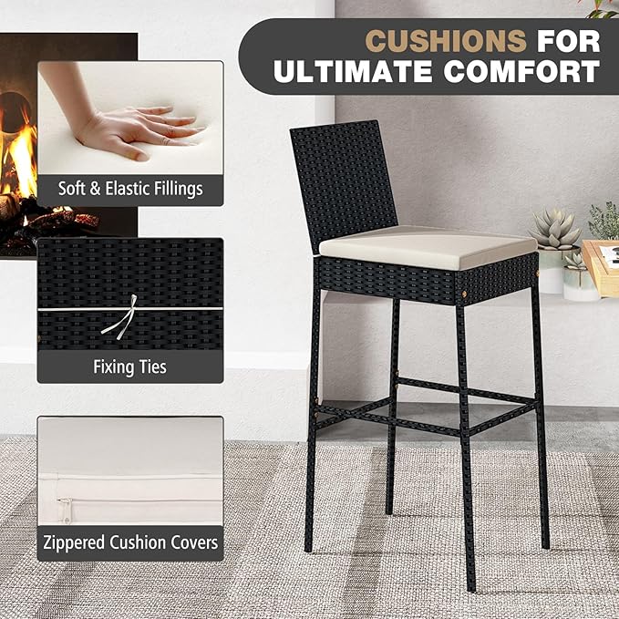 HAPPYGRILL Wicker Patio Barstools Set of 2, Outdoor Rattan Bar Chairs with Footrest & Backrest, Armless High Top Chairs with Seat Cushions for Backyard, Balcony