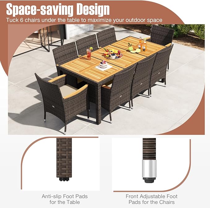 Tangkula 9 Pieces Rattan Outdoor Dining Set for 8, Outdoor Acacia Wood Table Set with 8 Cushioned Wicker Chairs, Umbrella Hole, Patio Dining Furniture Set for Deck Pool Backyard