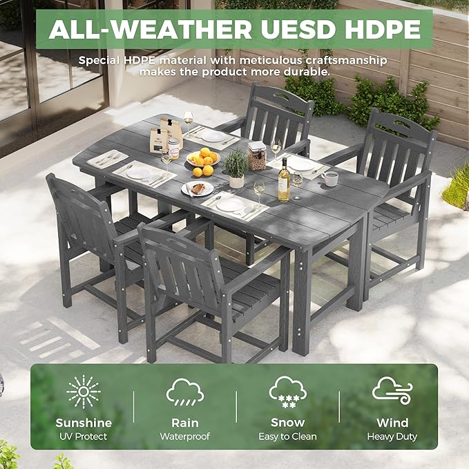 HDPE Outdoor Patio Dining Set with Table & 4 Chairs, All-Weather 5-Piece Outdoor Table and Chairs, 2" Umbrella Hole, Patio Furniture for Garden, Backyard, Deck | Grey