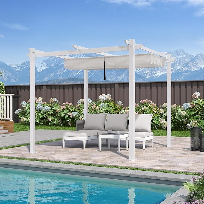 PURPLE LEAF 10' x 10' Aluminum Outdoor Pergola White Wind-Resistant Retractable Pergola with Double Sun Shade Canopy Heavy-Duty Metal Pergola for Patios Backyard Deck Garden, White
