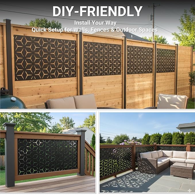 6FT Metal Privacy Screen Outdoor – Decorative Laser Cut Privacy Fence Panel for Patio, Deck & Garden, Rustproof Steel Privacy Divider, Modern Geometric Design, Freestanding Outdoor Privacy Screen