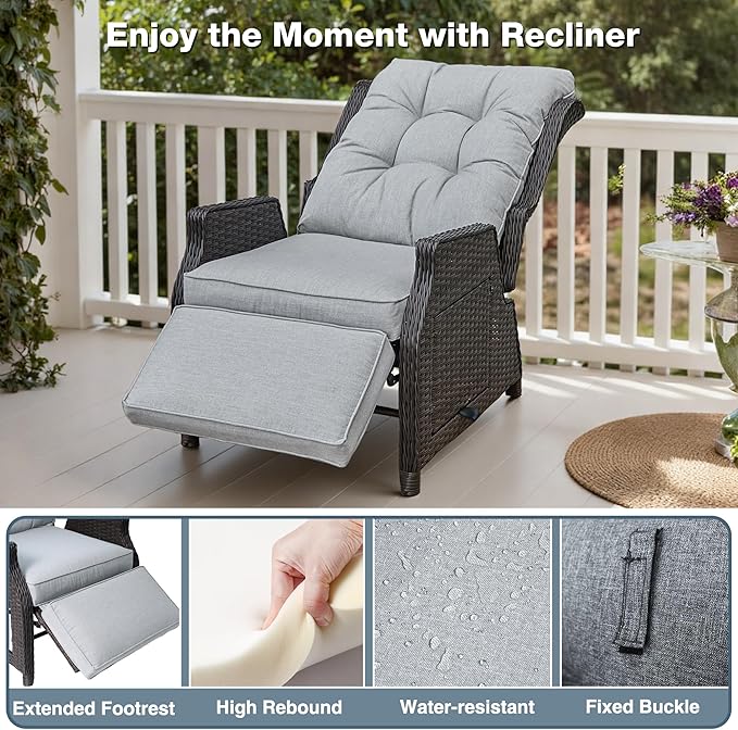 Outdoor Indoor Wicker Recliner with Adjustable Back and Footrest, Patio Reclining Chair with Flip-up Table, Outdoor Rattan Lounge Chair, Light Grey 2PCS