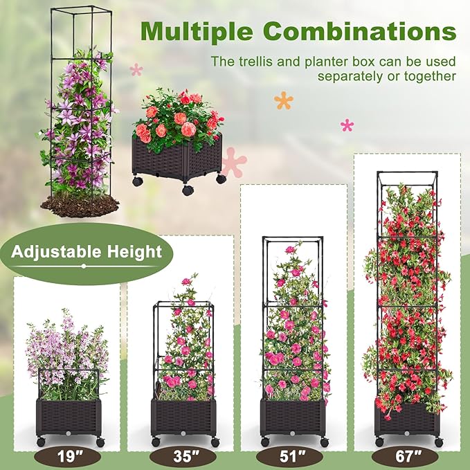 Giantex Raised Garden Bed with Tomato Cages, 67” Adjustable Height, Self Watering Planter Garden Box with Wheels, Trellis for Climbing Plants Vegetable Flower