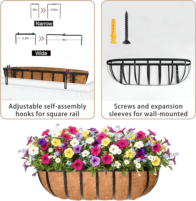 36'' Window Box Railing Planter with Coco Liner,2 Pack Horse Trough Planters Black Metal Hanging Flower Planters Basket for Porch Fence Patio Indoor Outdoor Lawn