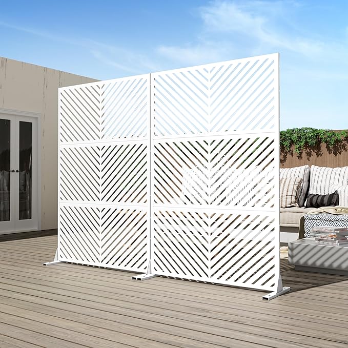 Casaphoria Metal Privacy Screen Outdoor, 72" H x 47" W Freestanding Decorative Privacy Screen for Patio Deck Balcony Garden with Stable Base, White-Parallel