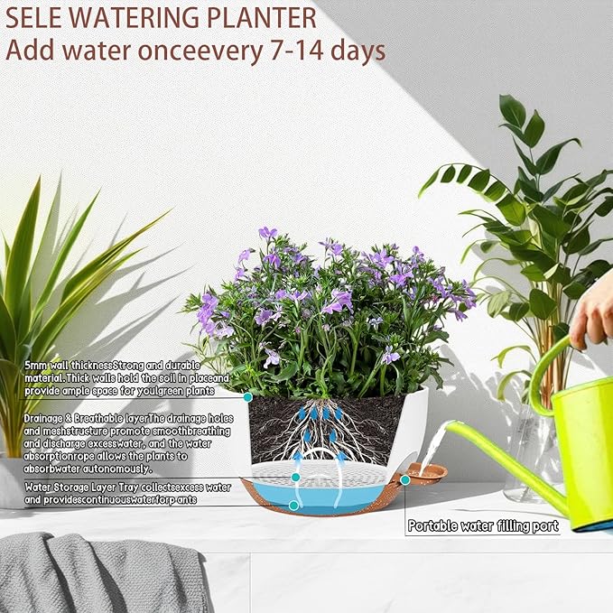 2 Pack 12 Inch Self Watering Hanging Planters for Indoor Plants, Large White Brown Plastic Hanging Pots with Chains for Outdoor Patio Garden Home Decor White Brown