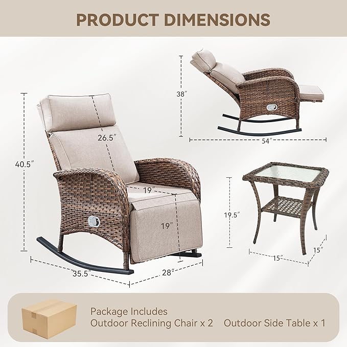 3 Pieces Zero Gravity Wicker Patio Rocking Recliner Chairs Set of 2 - Wicker Outdoor Lounge Chair with Side Table, Adjustable Backrest & Footrest, High Back Outdoor Recliner Chair for Pool Deck Beige