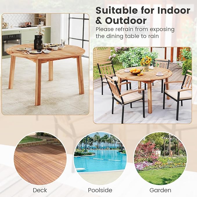 Tangkula 53" Round Outdoor Dining Table for 4-6 People, Acacia Wood Patio Table with Large Tabletop & 2" Umbrella Hole, Farmhouse Dining Furniture for Yard, Deck, Garden, Poolside