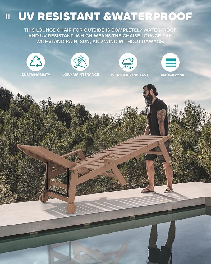 SERWALL Patio Chaise Lounge Chair Set of 2 with 9FT Patio Umbrella, 78'' HDPE Outdoor Lounger, Poly Lounge Chair with Rolling Wheels & Cup Holder for Pool,Wooden Brown (Umbreall Base not Included)