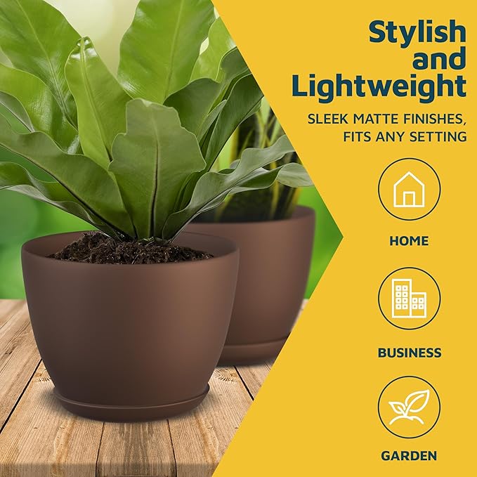 Brown Plant Pots with Drainage Holes & Saucers 3 Pack, Indoor & Outdoor Stackable Space-Saving Planters for Houseplants & Flowers, (7", 6.7", and 6" Inches), Durable & Weatherproof Materials