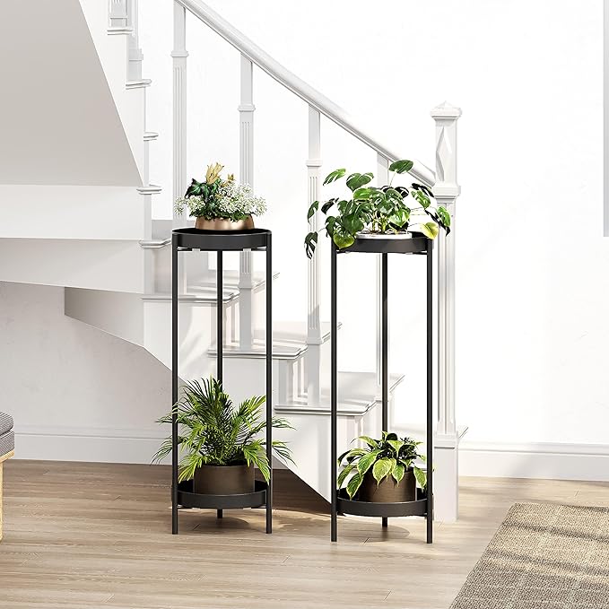 Metal Black Tall Plant Stand Indoor or Outdoor - 30 inch 2 Tier Modern Corner Planter Shelf Rack with 2 Removable Display Shelves(10 inch) for Bedroom Living Room Balcony