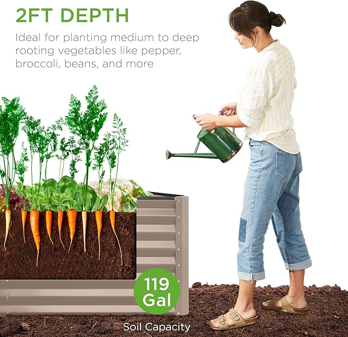 Best Choice Products 4x2x2ft Outdoor Metal Raised Garden Bed, Deep Root Box Planter for Vegetables, Flowers, Herbs, 119 Gallon Capacity, 100% Non Toxic Materials - Taupe