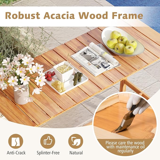 Tangkula 3 Piece Patio Bar Set, Outdoor Acacia Wood Counter Height Table with 2 Cushioned Barstools with Curved Rattan Back and Footrest, for Backyard, Poolside, Balcony