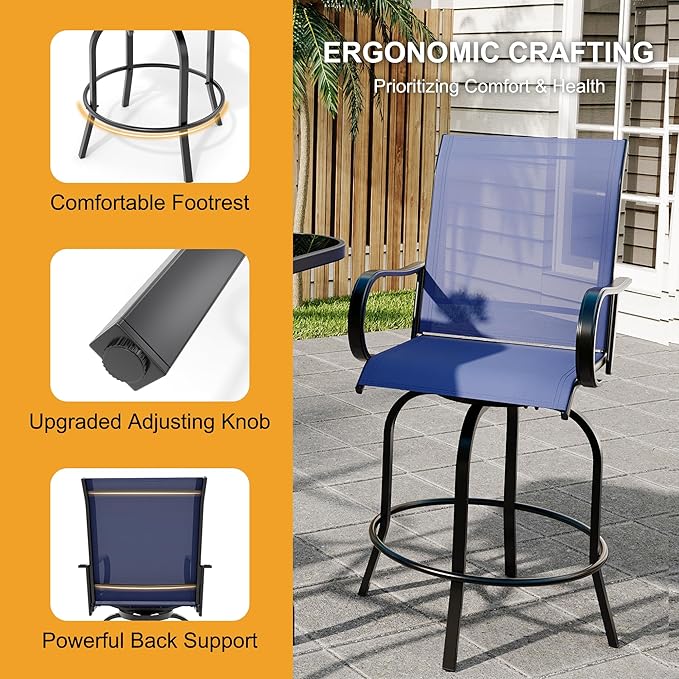 5 PCS Outdoor Bar Set with Outdoor Bistro Table and Chairs Set of 4, Bar Height Outdoor Dining Set, All Weather Mental Textilene High Swivel Bar Stools Chair Set of 4 and High Glass Bar Table