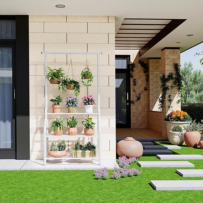 Plant Stand Indoor Outdoor, 3-Tier Heavy Duty Metal Hanging Plant Shelf, 61'' Tall Large Plant Holder Rack for Multiple Big Pots, Flower Stand for Living Room, Garden, Balcony, White