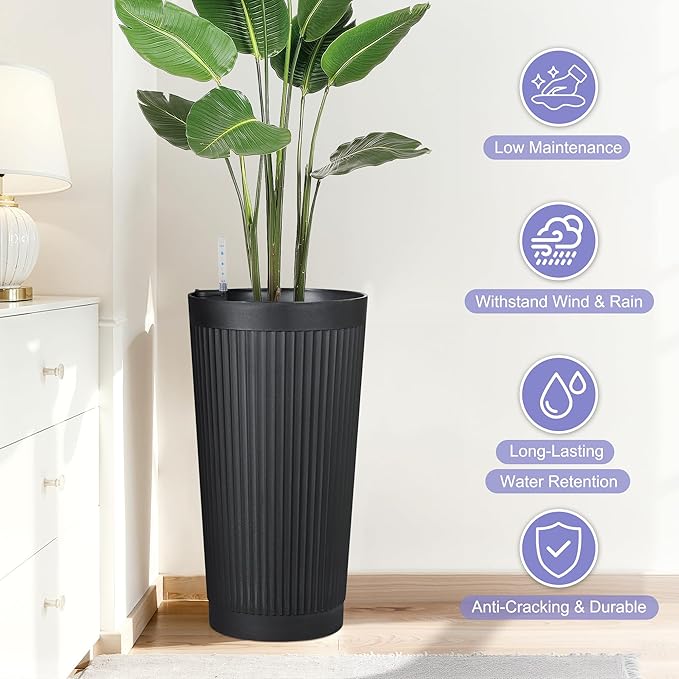 24in Tall Self-Watering Planters Set of 2 - Black Flower Pots with Water Level Monitor, Non-Toxic Plastic Planters for Indoor Outdoor Patio, Porch, Living Room, Home Office