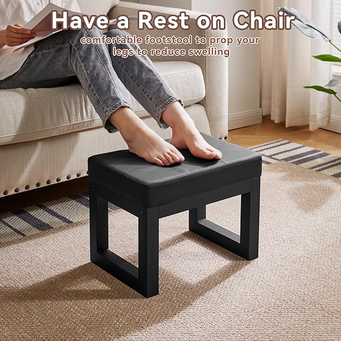 IBUYKE 16 Inch Small Foot Stool Ottoman, Rectangle PU Faux Leather Foot Rest with Padded Seat and Metal Legs, Modern Ottoman Foot Rest for Living Room Bedroom Entryway Couch, Black WBD026B