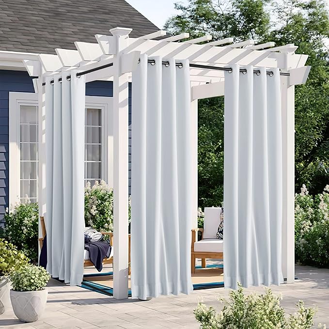 NICETOWN 2 Panels Outdoor Curtains with Grommet & Back Tab on top and Bottom for Patio Waterproof, Windproof Privacy Cold & Heat Blocking for Cabana/Gazebo with Fixed Rope, W46 x L80, Greyish White
