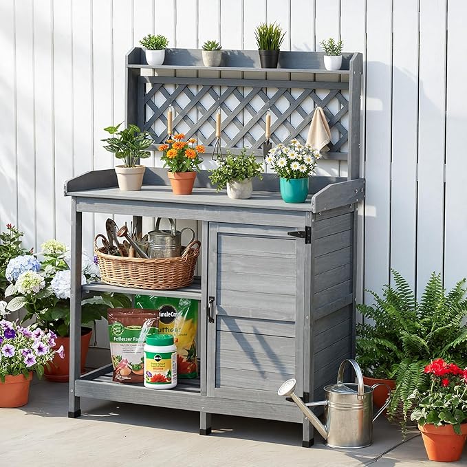 VEVOR Potting Bench Table, Outdoor Gardening Wooden Workstation with Storage Cabinet, Storage Shelves, 43 x 18 in Wood Tabletop, Garden Planting Work Station for Patio, Backyard, Balcony, Gray