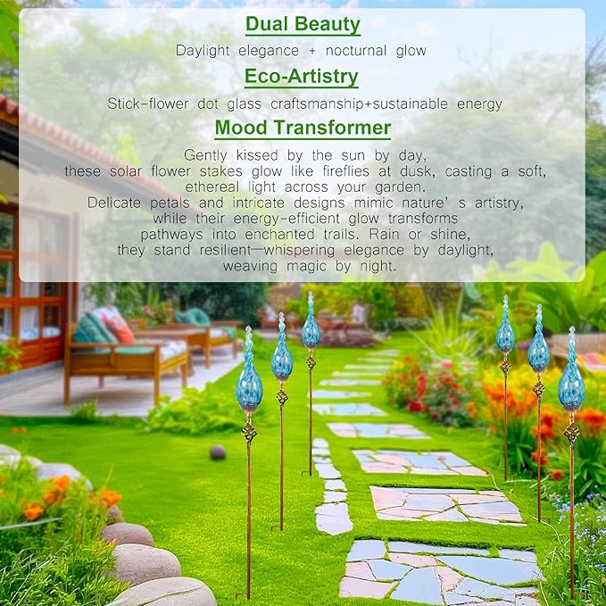 Solar Garden Lights Outdoor, Decorative LED Flame Garden Stakes, Hand Blown Glass and Outdoor Waterproof Glass Stakes (Light Blue)
