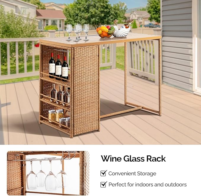 Outvita 5-Piece Outdoor Bar Set, Wicker Rattan Bar Height Patio Set w/4 Cushion Bar Stools & Table with Hidden Storage, Outdoor High Top Table and Chairs Set for Backyard, Balcony, Garden and Poolside
