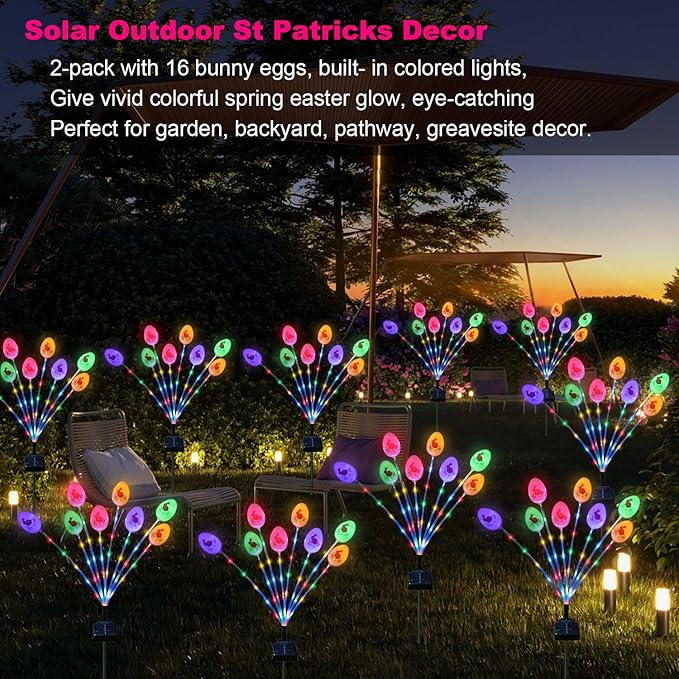 Lmtocs Solar Easter Decorations Outdoor Stake Lights, 2 Packs 16LED Solar Egg Lights for Easter Decor, Waterproof Outdoor Decor for Spring Garden Yard Pathway Lawn