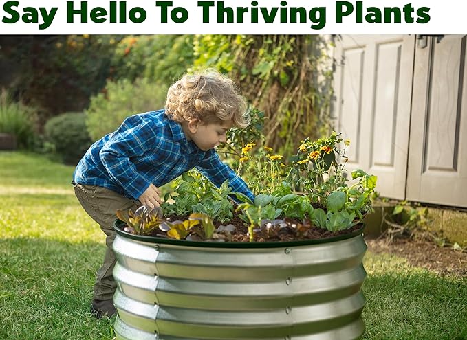 Round Galvanized Raised Garden Bed // 2×2×1 ft Galvanized Raised Garden Beds Outdoor for Gardening, Vegetables, Flowers // Patented Tool-Free Design Round Planter (Silver)