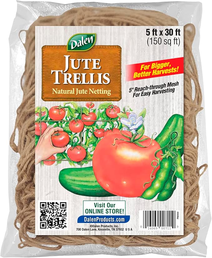Dalen Jute Trellis for Vining Crops - Natural Strength, Easy Harvest Reach-Through Mesh - Ideal for Tomatoes and Peas – 150 sq ft.