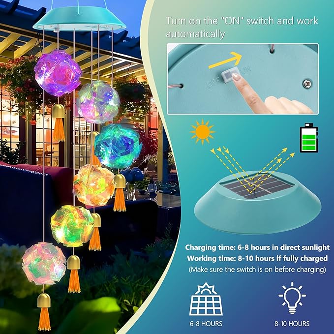 Toodour Solar Wind Chime, Color Changing Hydrangea Ball Wind Chimes LED Decorative Mobile Waterproof Outdoor Solar Lights Gifts for Mom Grandma, Garden, Patio, Yard, Window Decoration Birthday Gift