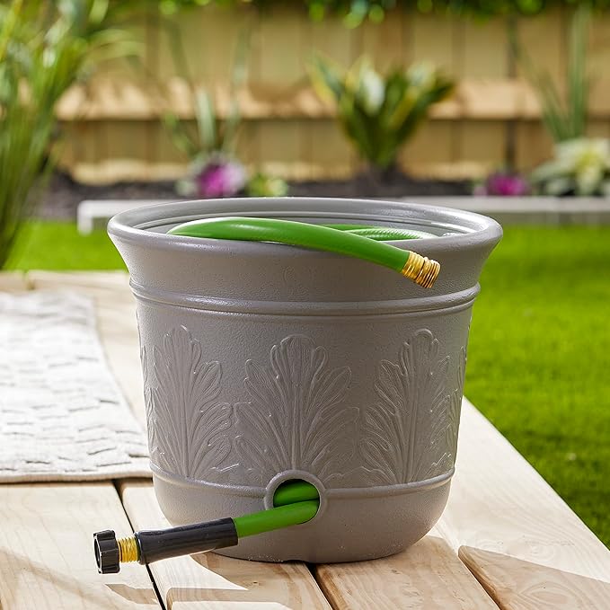 Suncast 2 Pack 300 Foot Heavy Duty 5 Gallon Decorative Plastic Hose Pot for Expandable and Lightweight Hoses, Ideal for Garden, Patio and Backyard Use