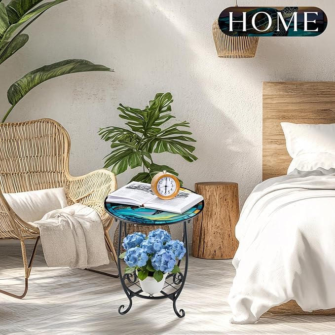 Outdoor Side Table Round Small Mosaic Patio Accent Indoor End Plant Coffee Tea Table for Yard Patio Porch Garden Living Room, Bedroom(Turtle Style,12 Inch)