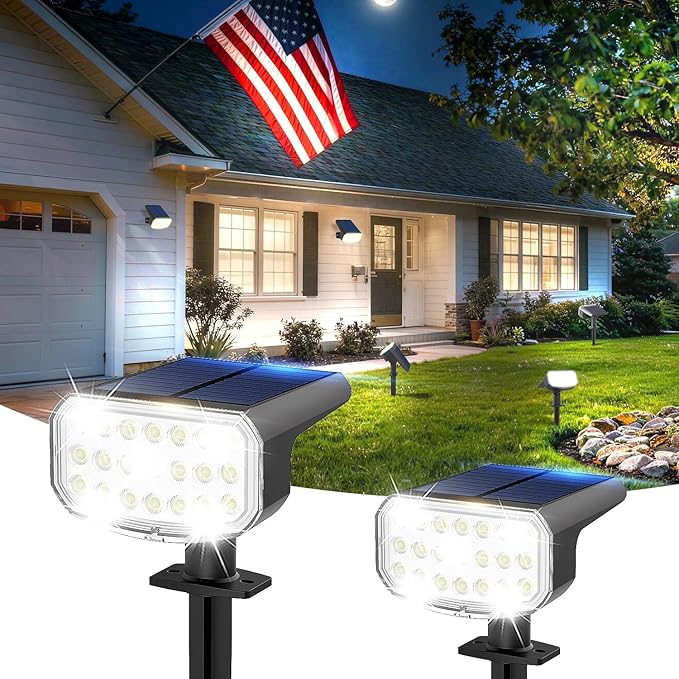 Solar Lights Outdoor Waterproof IP65, Super Bright LED with Lens, 6500K 2 Lighting Modes, Solar Powered Yard Garden Solar Spot Lights for Outside Landscape Auto On/Off -2 Pack