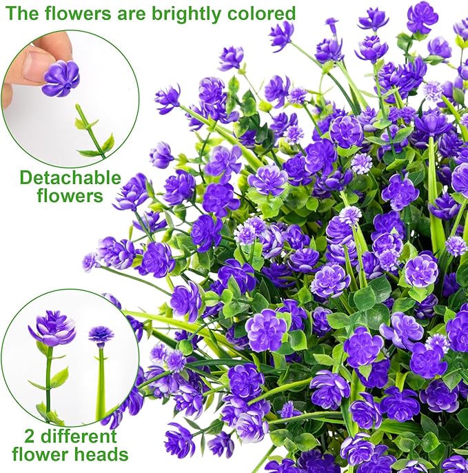 20 Bundles Artificial Flowers for Outdoors Fake Plastic Flowers UV Resistant Realistic Faux Plants Shrubs for Spring Summer Garden Porch Yard Patio Planter Window Box Home Decor, Purple
