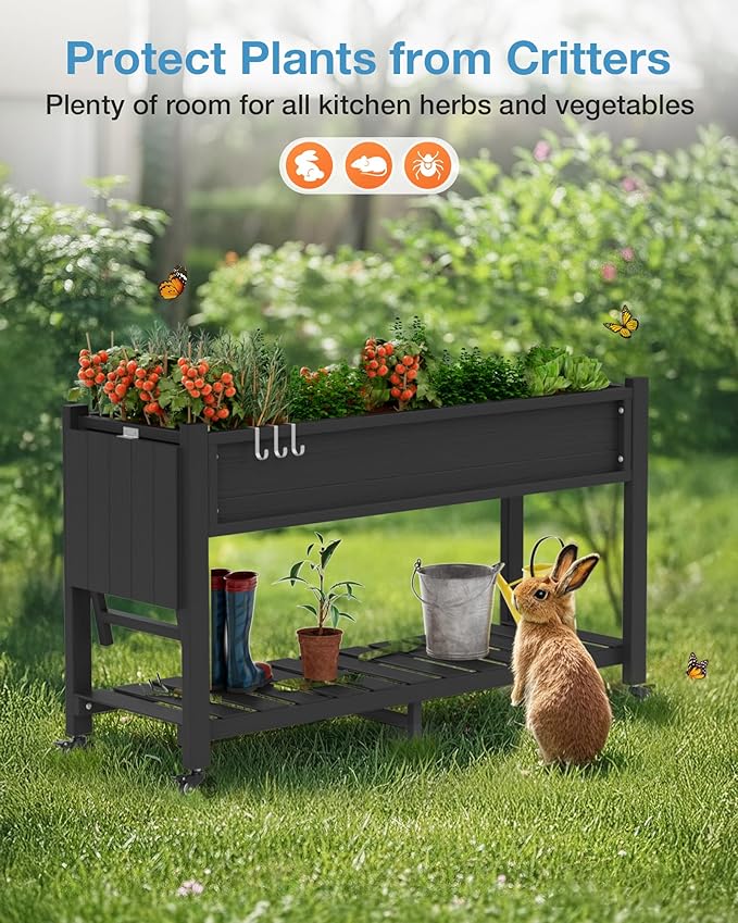 YEFU Raised Garden Bed with Legs: 57x18x30in Elevated Poly Planter with Wheels,Waterproof Mobile Raised Bed Garden, Elevated Planter Box Stand with Storage Shelf,For Deck,Patio,Porch,Yard (Black,4pcs)