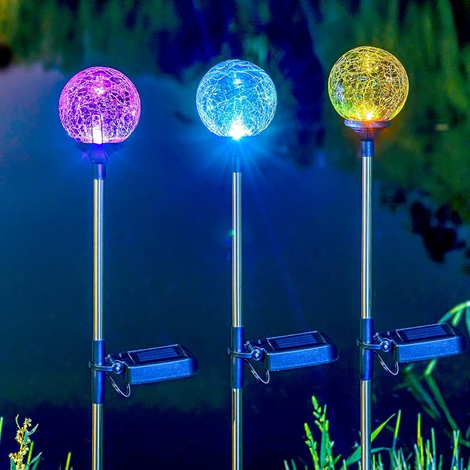 SOLPEX Solar Garden Lights 3 Pack, Solar Lights Outdoor Decorative, Solar Globe Lights Outdoor Waterproof for Yard and Garden, Multi-Color Changing Cracked Glass Ball LED Lights
