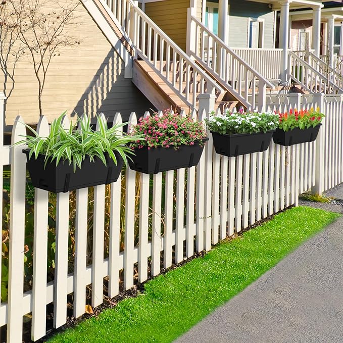 CADUKE 6 PCS Railing Planter Boxes, Black Planter Boxes with Adjustable Bracket, 17 Inch Deck Rail Planters for Outdoor Plants, Flower Pots for Balcony Garden Decor