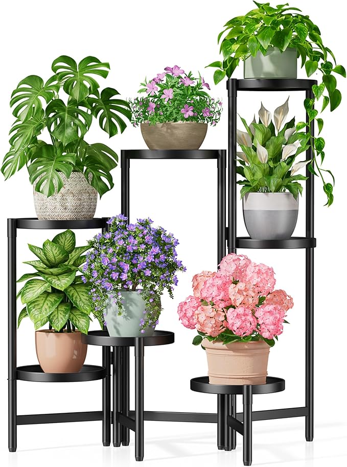 7 Tiered Metal Corner Plant Stand Indoor Outdoor, Tall Large Folding Rack with Rust Proof 7.9 Inch Wide Tray, Heavy Duty Flower Shelf for Multiple Plants for Patio - BlackDisk