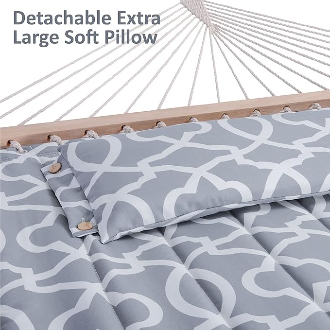 SUNCREAT 55 Inch Extra Large Double Hammock with Stand, 475lbs Capacity, Outdoor Portable Hammock with Hardwood Spreader Bar, Extra Large Pillow, Grey