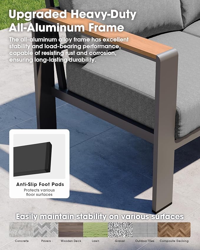 Aluminum Outdoor Patio Furniture Set 6 Seats, Outdoor Sectional Corner Sofa with Thick Waterproof Cushions & Coffee Table, Patio Conversation Sets for Backyard, Porch, Balcony, Deck, Gray