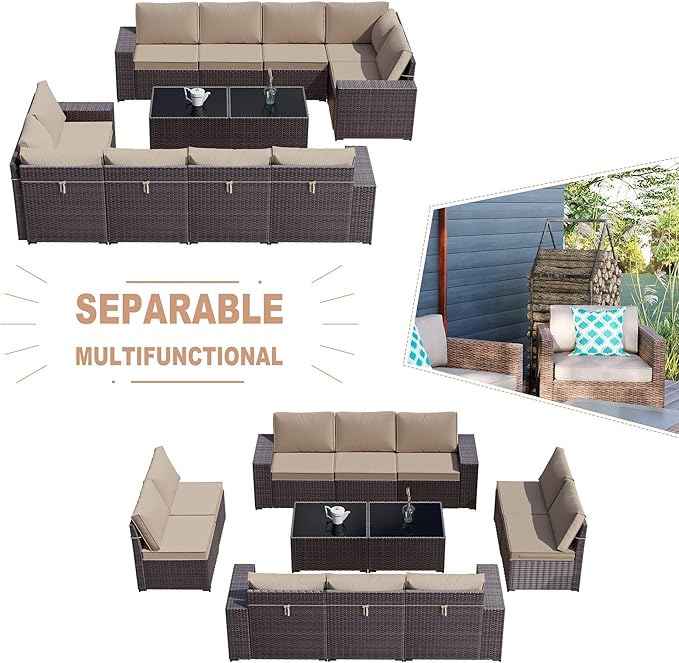 Kullavik 12 Pieces Outdoor Patio Furniture Set PE Wicker Rattan Sectional Sofa Patio Conversation Sets,Sand