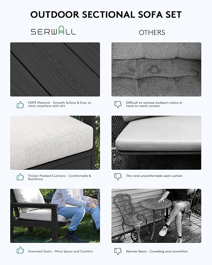 SERWALL HDPE Patio Sofa Set, 3-piece Sectional Outdoor Furniture Set, All Weather Outdoor Couch Set Patio Furniture Set for Deck, Lawn, Black Frame with Khaki Cushion