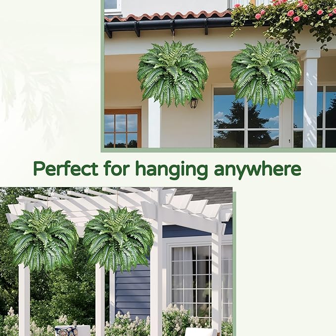 2 Pack Large 88 Leaves Artificial Ferns for Outdoors Look Real, Fake Large Faux Boston Ferns for Outdoor Planter Realistic UV Resistant Artificial Fake Plants for Porch Patio Hanging 47 inch