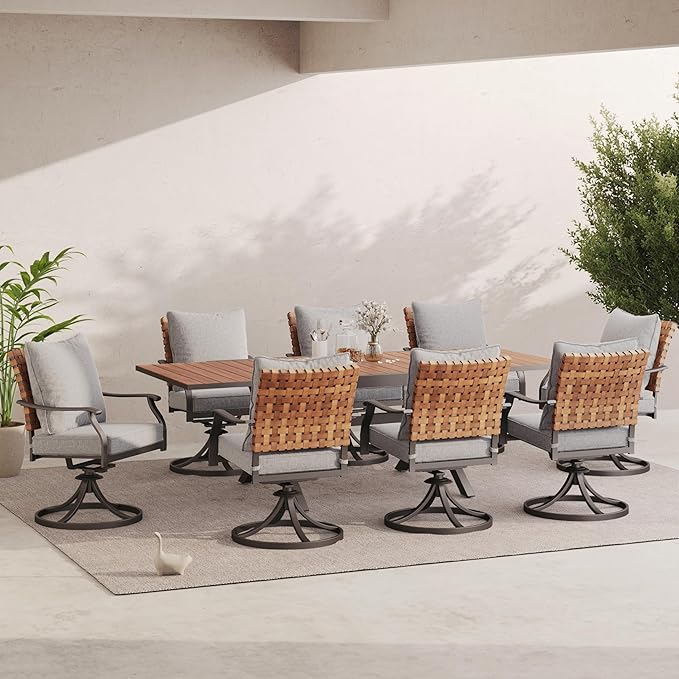 Grand patio 9-Piece Outdoor Dining Set, 8 Leather-Look Wicker Swivel Patio Chairs & 1 Extendable Rectangular Dining Table, Brown