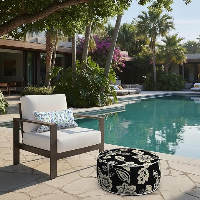 LVTXIII Indoor/Outdoor Inflatable Ottoman with Handle D21 x H9 Inch, Weather-Resistant Round Footstool Pouf for Patio Camping Living Room, Portable Footrest Extra Seating, Elegant Vines Black