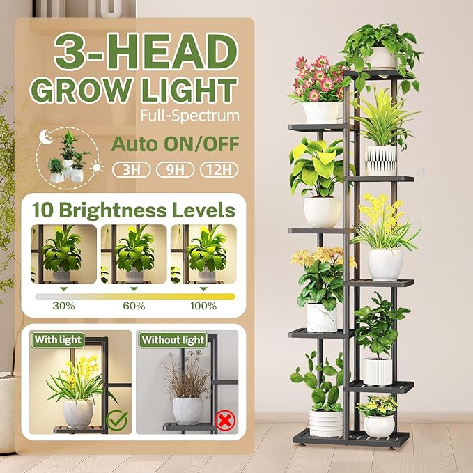 iDavosic.ly Plant Stand Indoor with Grow Light, 7-Tier Tall Metal Flower Shelf for Heavy-Duty Large Planters, Corner Orchid Display Rack for Living Room Balcony Patio Porch, Modern Black