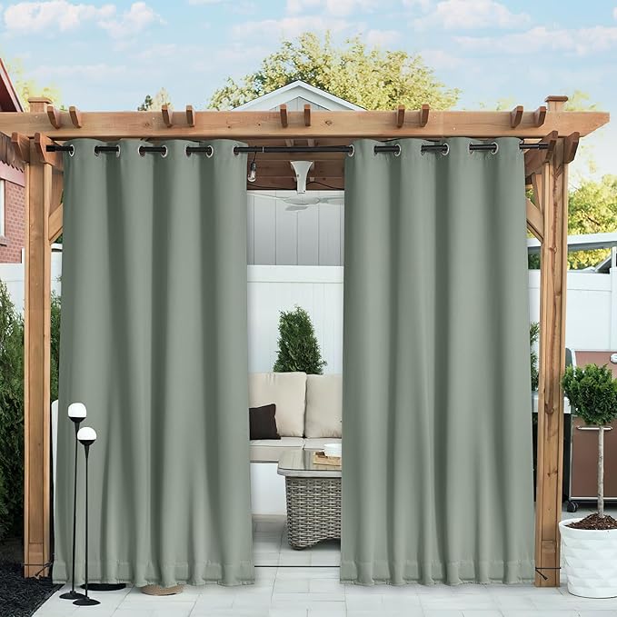 NICETOWN 2 Panels Waterproof Outdoor Curtains Fixed Grommet & Back Tab on Top & Bottom, Thermal Insulated Keep Rain & Sun Out Privacy Windproof Outdoor Draperies with Rope, W52 x L72, Sage Green