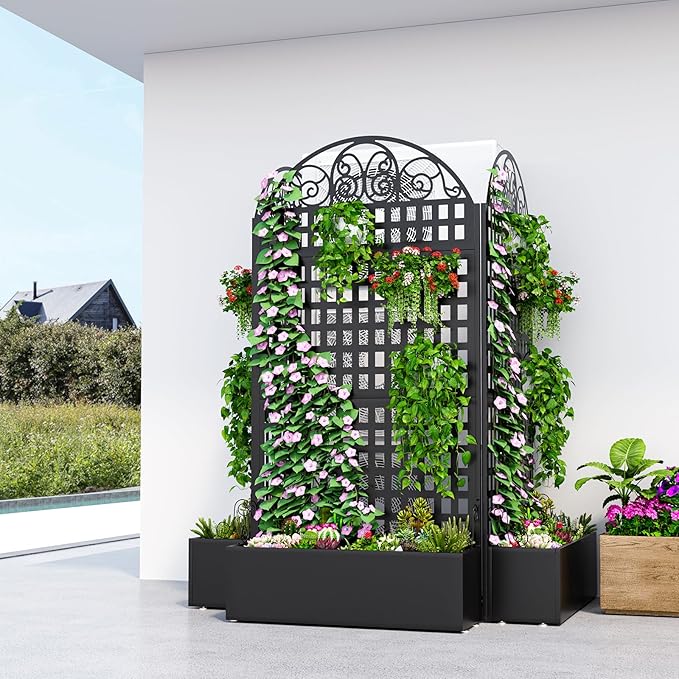 Metal Raised Garden Bed with Trellis, 79"x40"x11.8" Planter Box with Privacy Screen for Patio Deck, Freestanding Divider Fence with Drainage Holes for Climbing Plants Vines & Vegetable