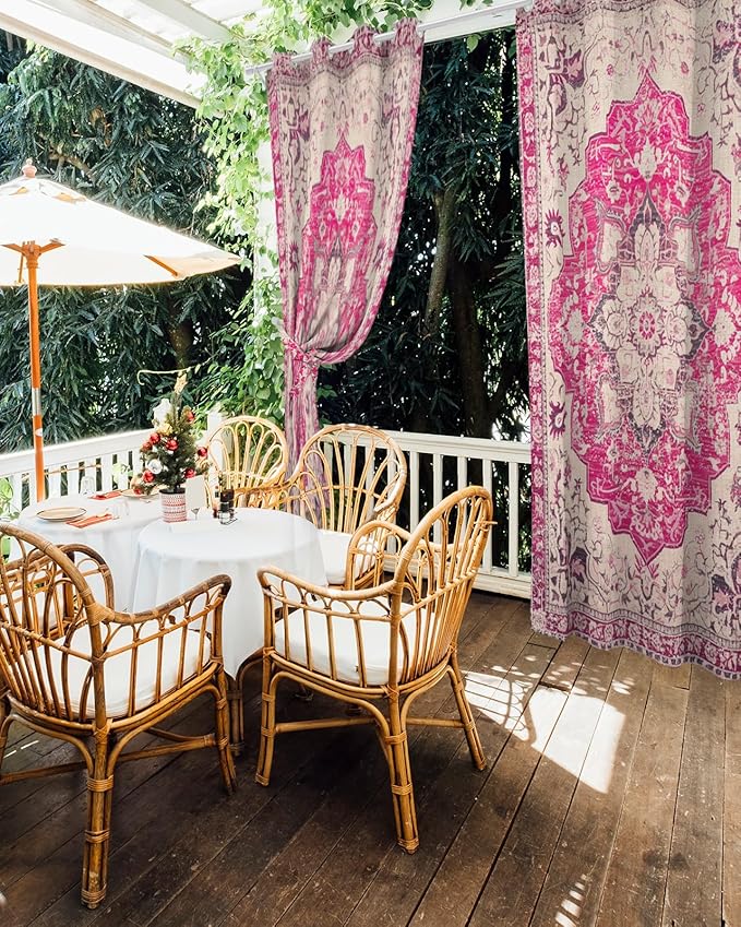 Pink Bohemian Outdoor Curtains for Patio Waterproof, Grommet Privacy Curtain Drapes Weatherproof Outside Curtains for Porch GazeboPergola Cabana 2 Panel 54x84inch Medallion Floral Geometric Printed