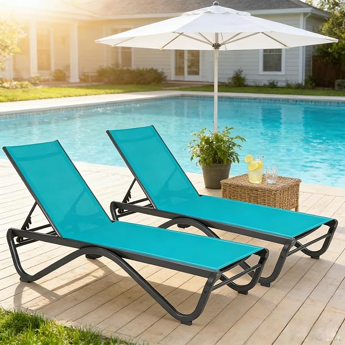 Kozyard Outdoor Chaise Lounge Chair, Full Aluminum Frame, Adjustable Reclining Patio Lounger for Poolside, Sunbathing & Backyard, Textilene (Aqua, 2Chairs)